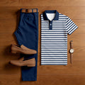 Men's Casual Dark Blue Color  Matching Short Sleeved Polo Shirt & Trousers Two-Piece Set