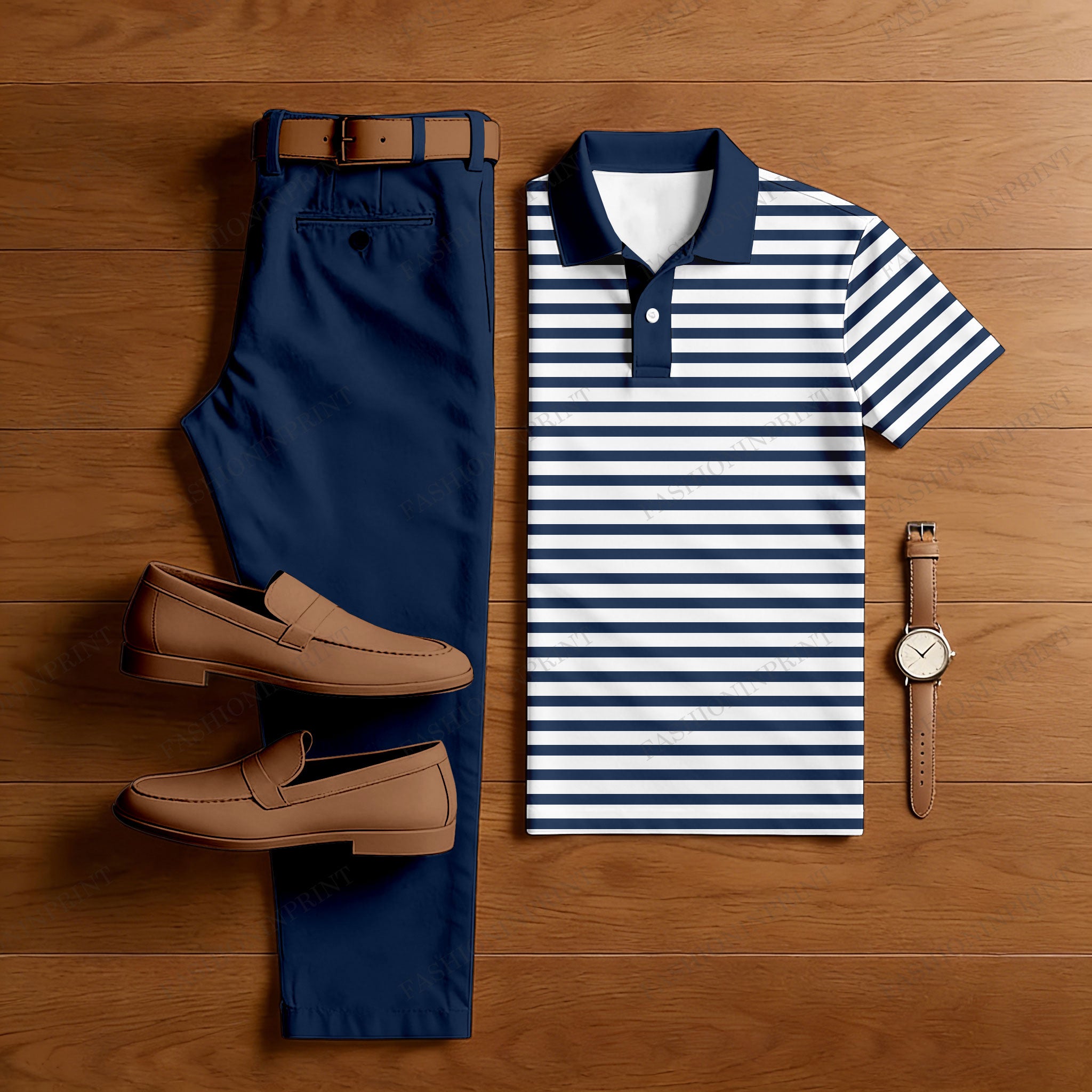 Men's Casual Dark Blue Color  Matching Short Sleeved Polo Shirt & Trousers Two-Piece Set