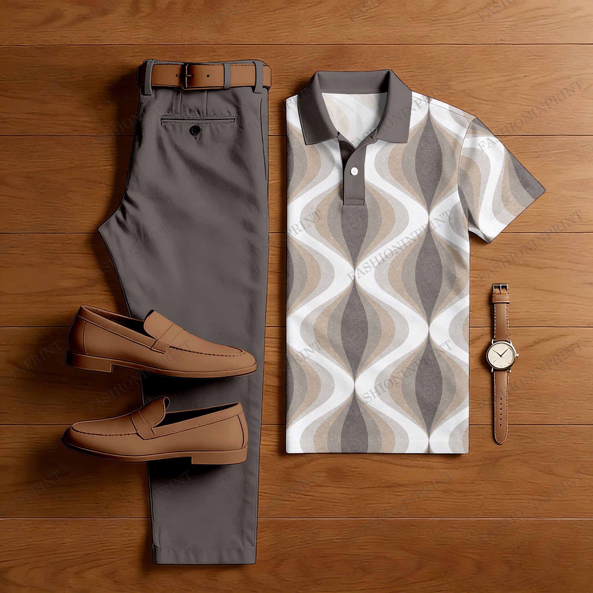 Men's Casual Color Matching Diamond Pattern Short Sleeved Polo Shirt & Trousers Two-Piece Set