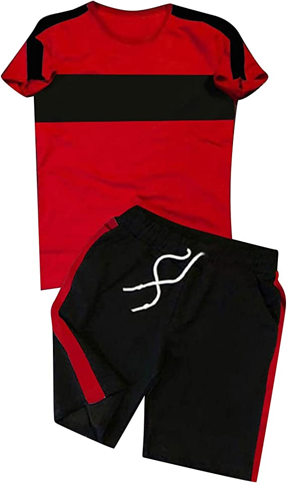Suitmens Men's Simple Colorblock Print Shorts Set 073