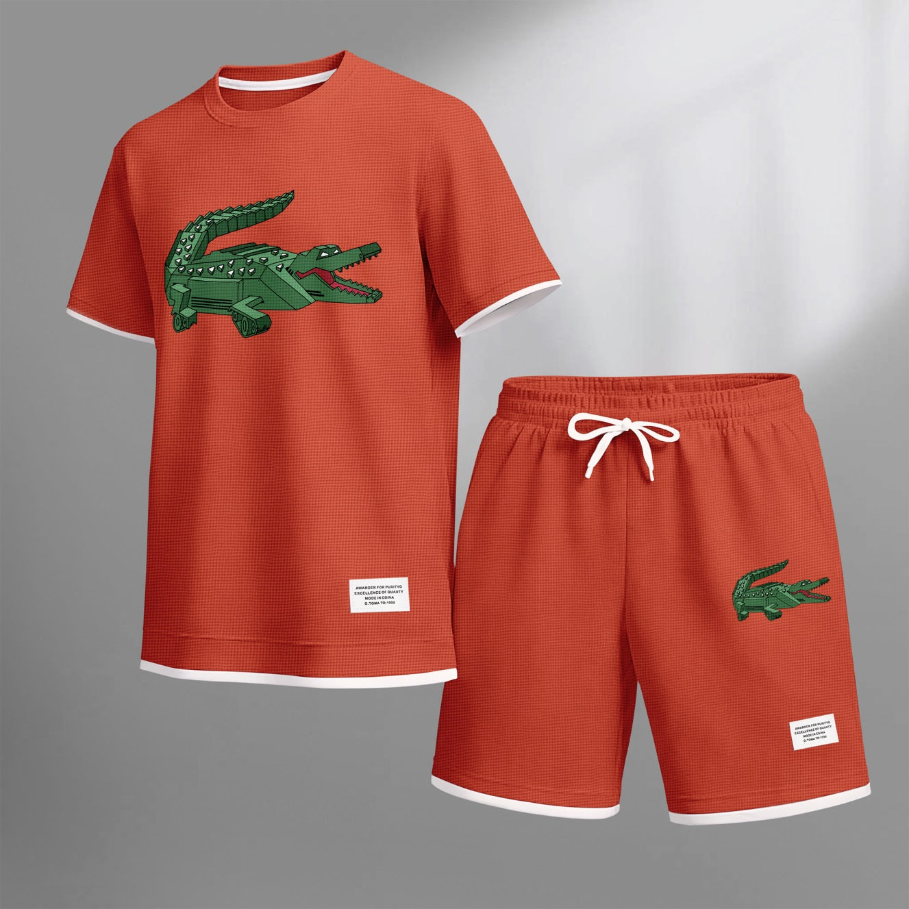 Men's Mechanical Crocodile Print Waffle Fabric Short-Sleeved Shirt And Shorts Set