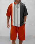 Men's Summer Colorblock Printed Round Neck Suit 068