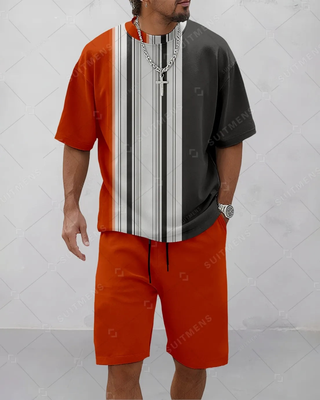 Men's Summer Colorblock Printed Round Neck Suit 068