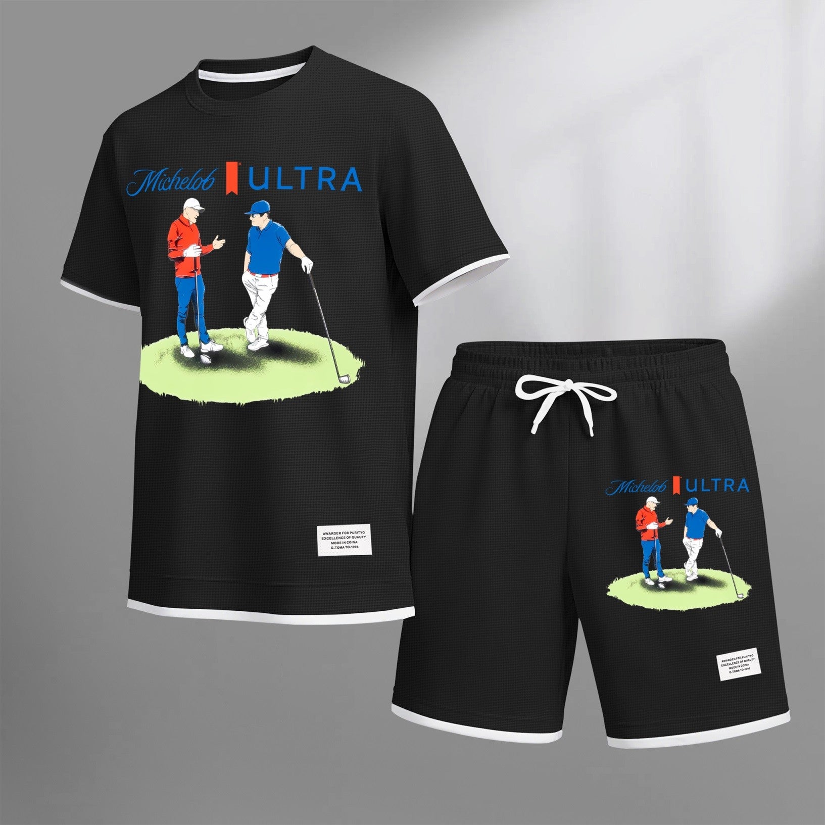 Men's vintage beverage print drawstring shorts set, suitable for spring and summer wear. This casual summer set includes a short-sleeved shirt and shorts, perfect for everyday wear and sports. Two-piece set design.