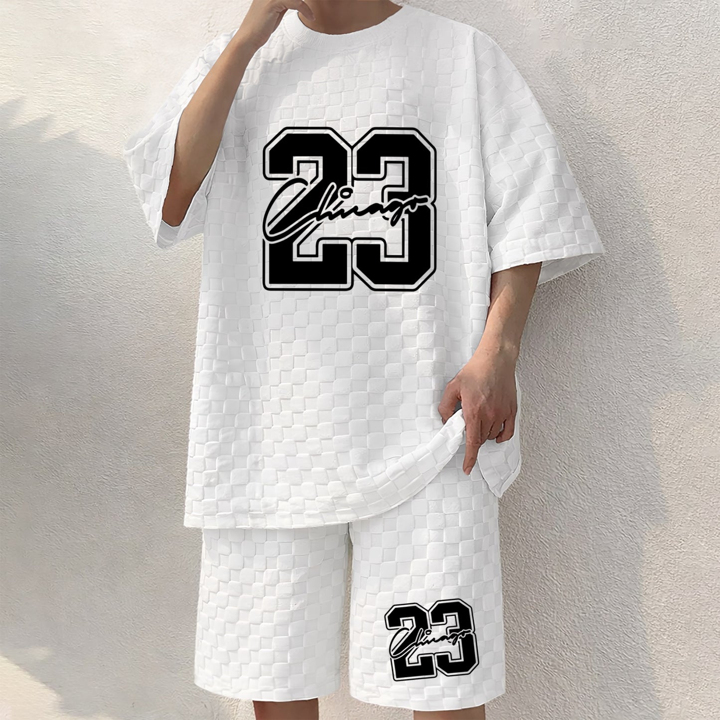 Men's No. 23 Graphic Print Spring And Summer Drawstring Shorts Set, A Casual Summer Outfit, Including A Short-Sleeved Shirt And Shorts, Suitable For Everyday Wear And Sports Activities. A Two-Piece Set For A Relaxed And Active Lifestyle.