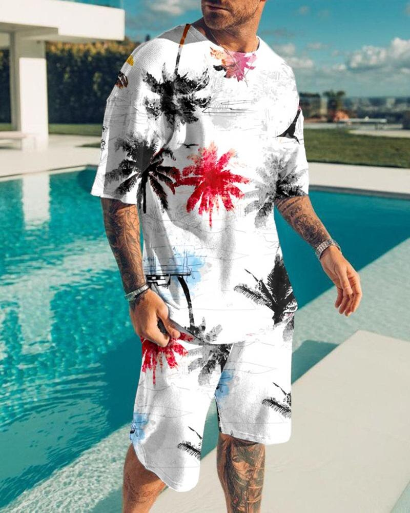 Men's Hawaiian Print Shorts Set 438