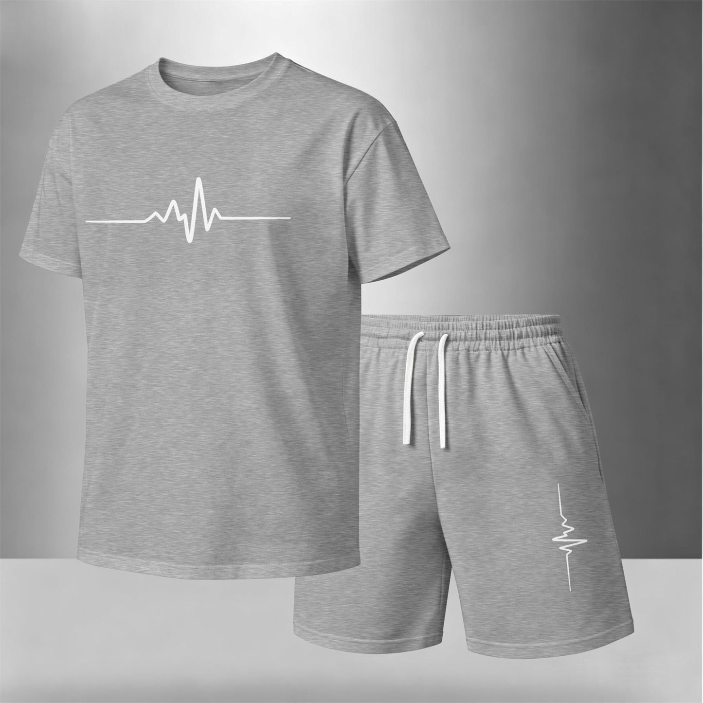 Men’s Summer 2 Piece Set, Heartbeat Line Print Short Sleeve T Shirt and Drawstring Shorts Matching Outfit, Lightweight Breathable Casual Set for Beach, Vacation, Gym, Travel, Running, and Daily Wear