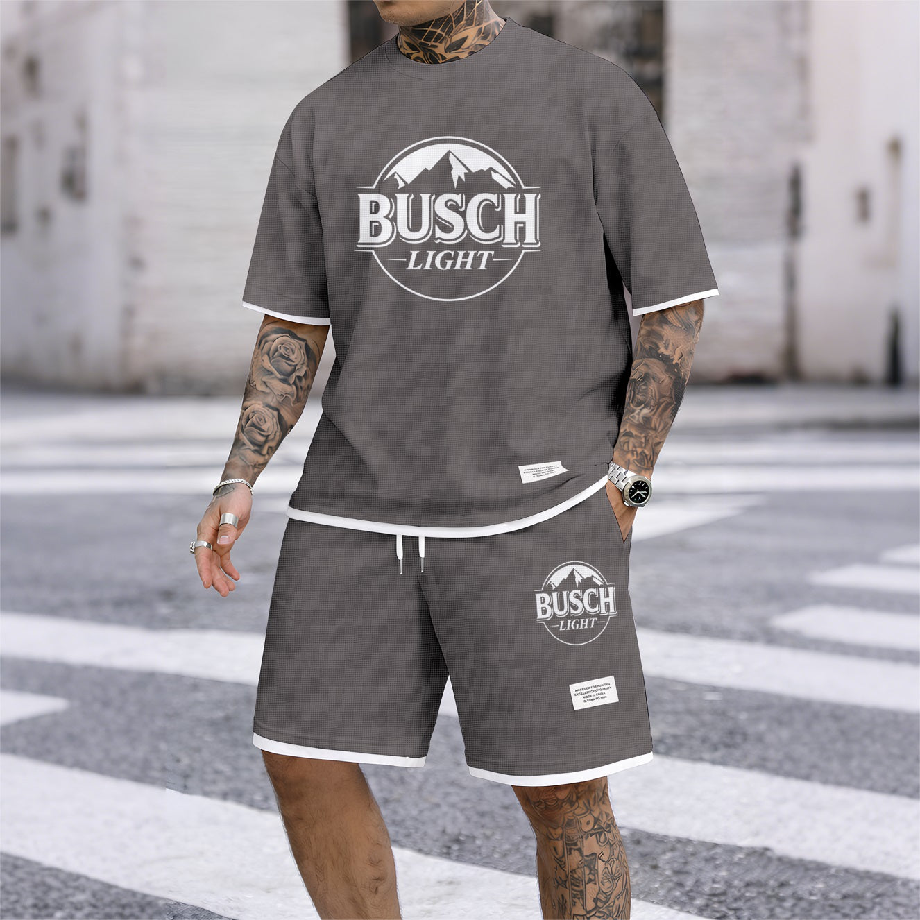 Men's Light Beer Lover Print Waffle Fabric Short-Sleeved Shirt And Shorts Set