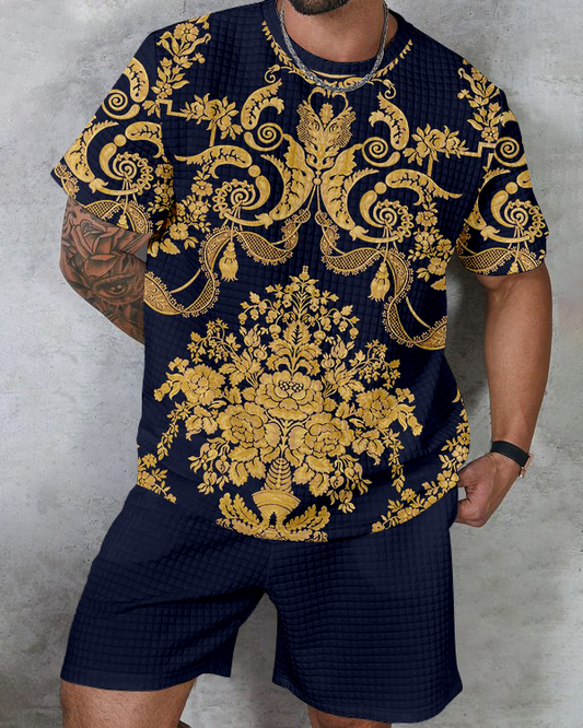Men's textured waffle texture printed shorts Set 002