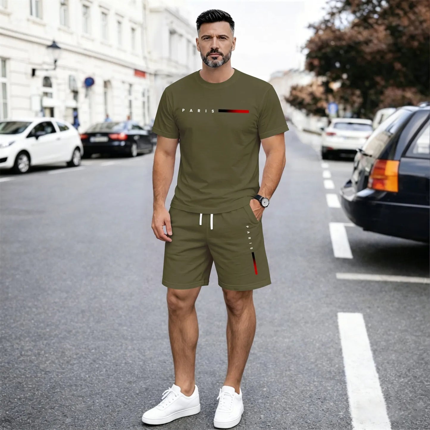Men’s Summer 2 Piece Set, PARIS Letter Print Short Sleeve T Shirt and Drawstring Shorts Matching Outfit, Lightweight Breathable Casual Set for Travel, Streetwear, Beach, Vacation, and Daily Wear