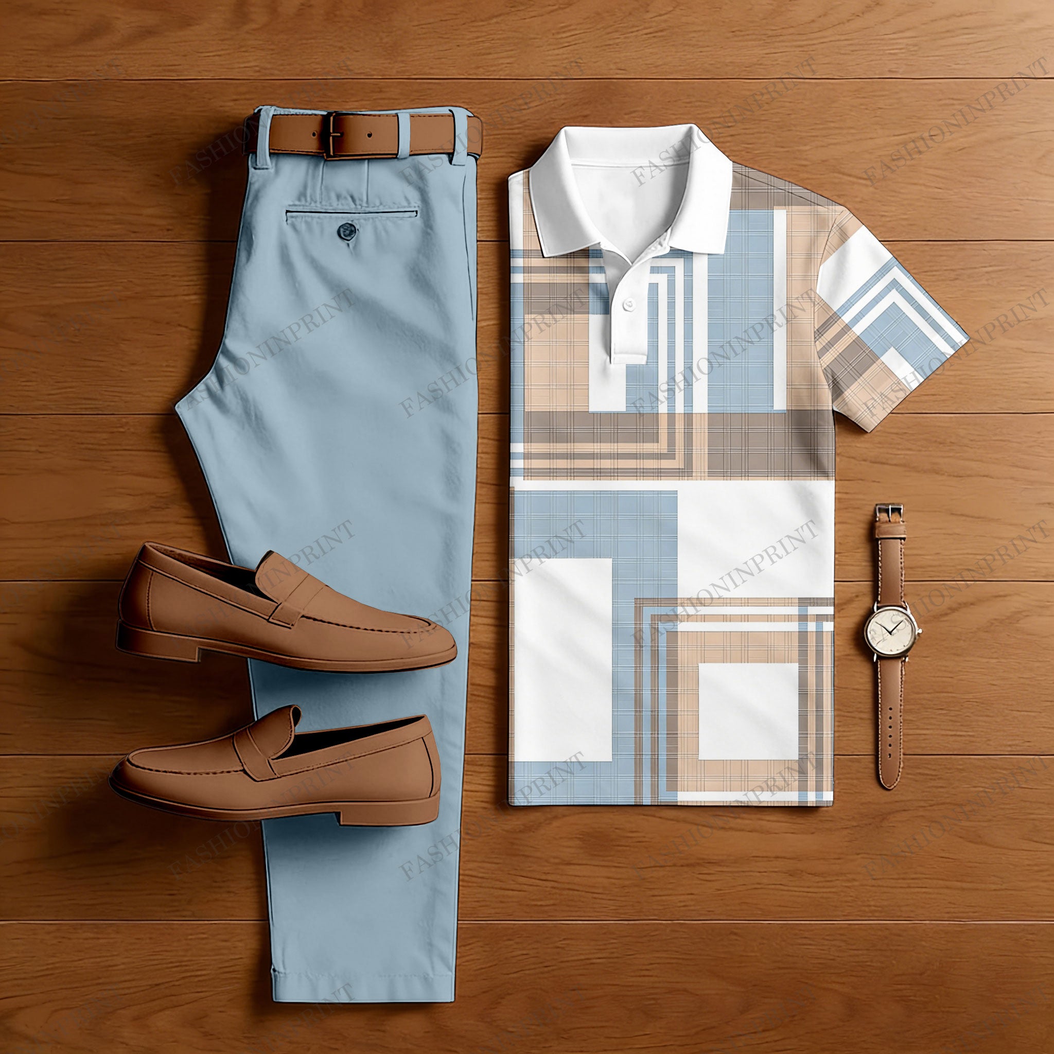 Men's Casual Light Blue & White Color Matching Geometric Printed Short Sleeved Polo Shirt & Trousers Two-Piece Set 202623