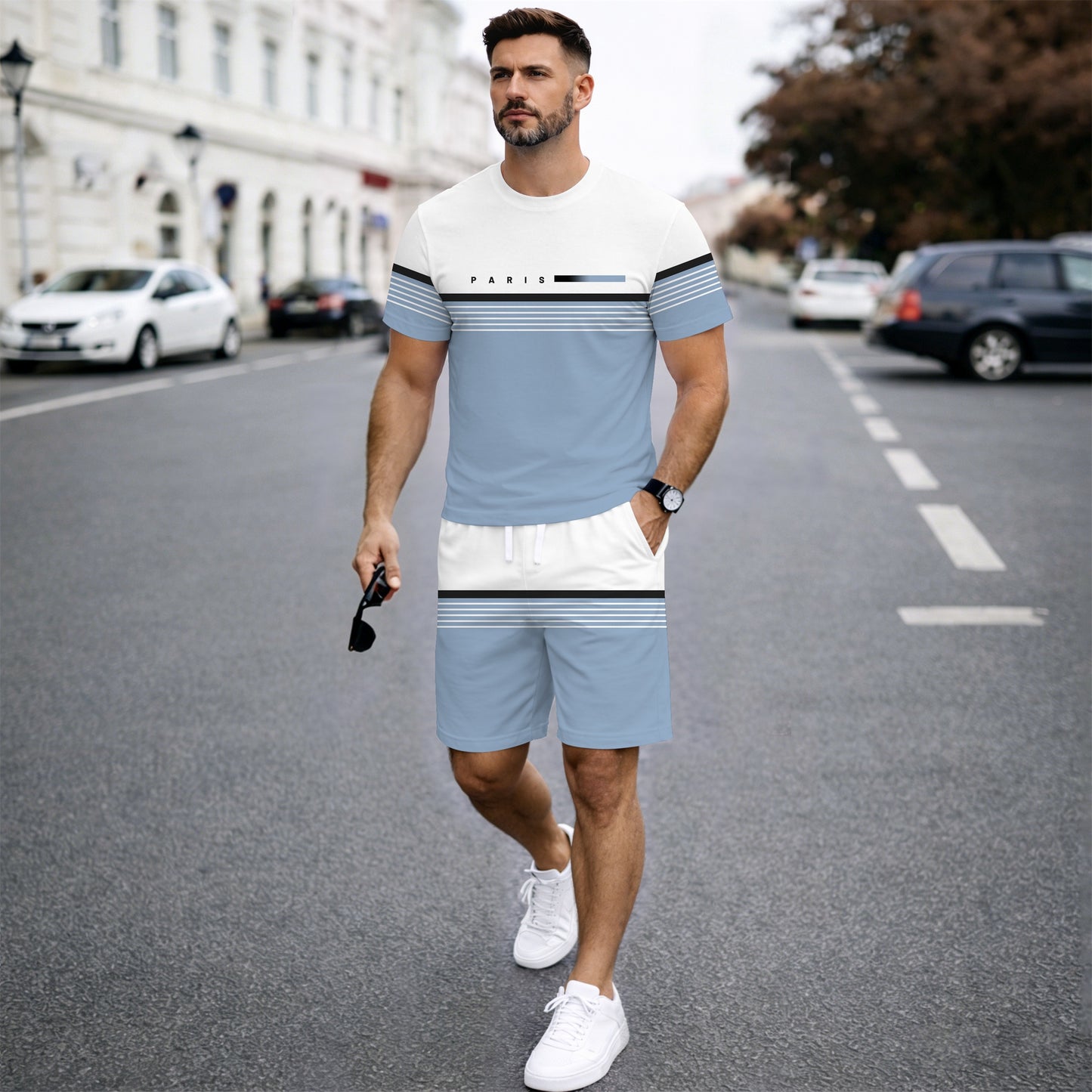 Men’s Summer 2 Pack T Shirt and Shorts Sets, Paris Stripe Graphic Short Sleeve Tops with Drawstring Shorts, Soft Breathable Matching Outfits for Beach, Outdoor Activities, Vacation, Streetwear, and Everyday Style