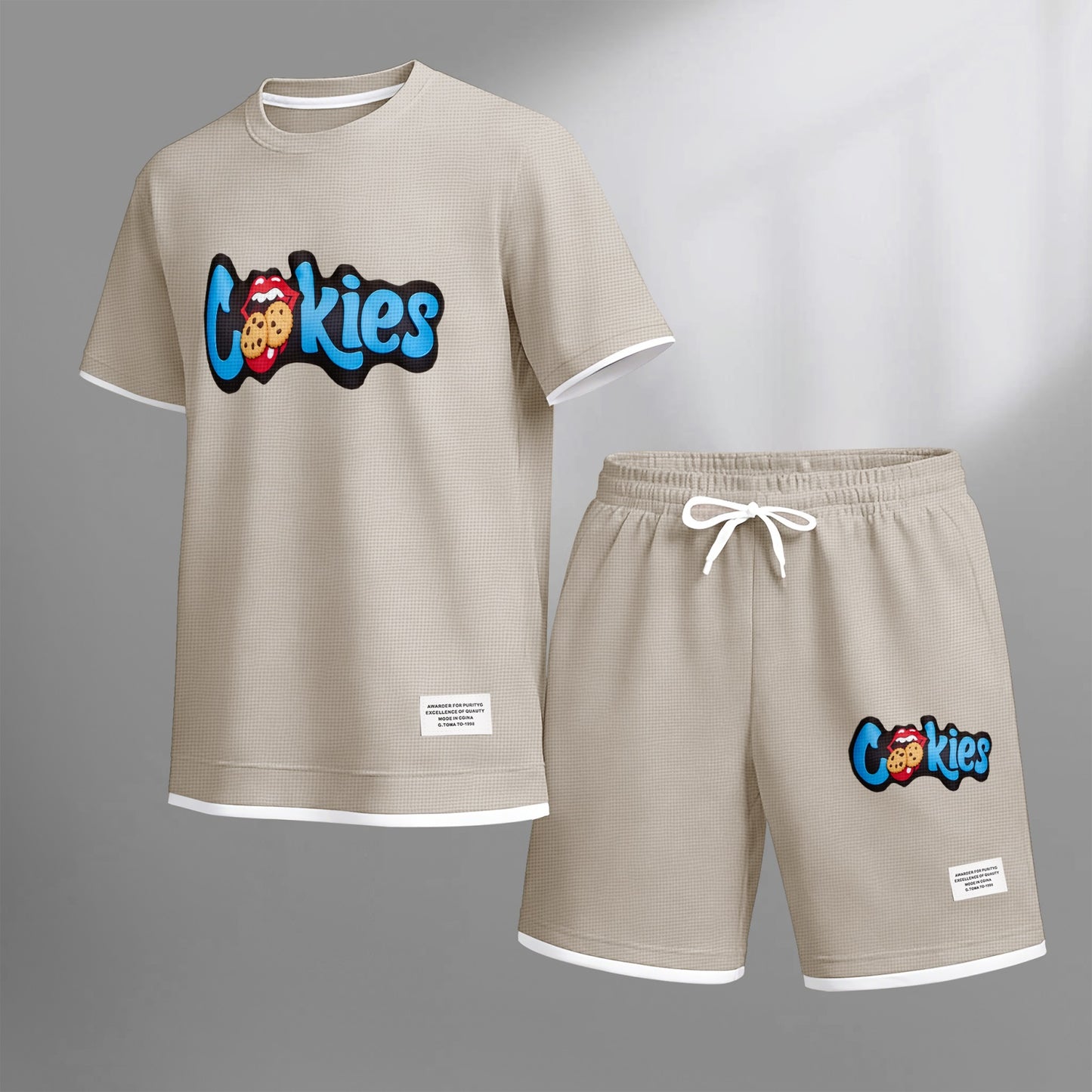 Men's cookie print drawstring shorts set is an ideal choice for spring and summer. This casual summer set includes a short-sleeved shirt and a pair of shorts, suitable for everyday wear and sports