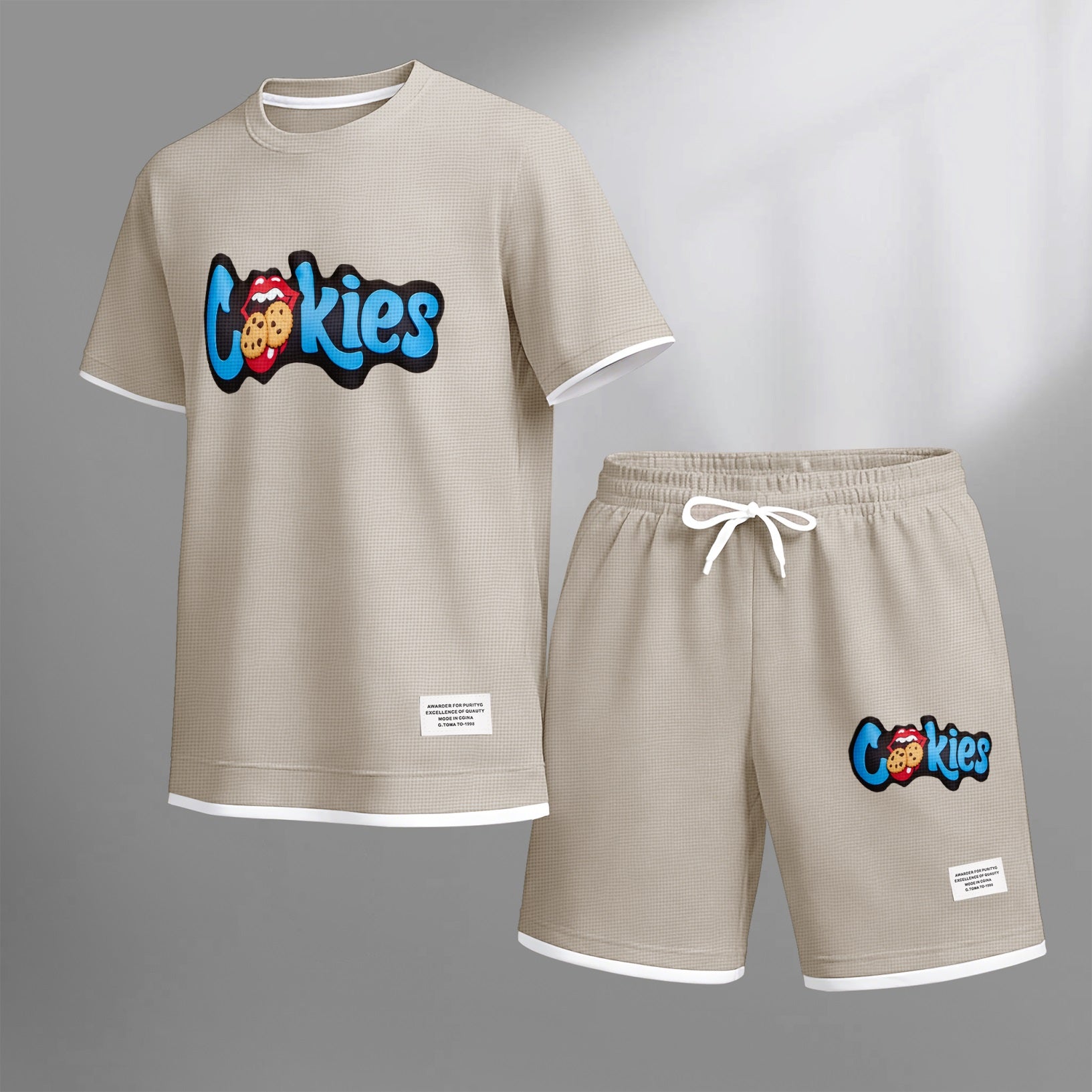 Men's cookie print drawstring shorts set is an ideal choice for spring and summer. This casual summer set includes a short-sleeved shirt and a pair of shorts, suitable for everyday wear and sports