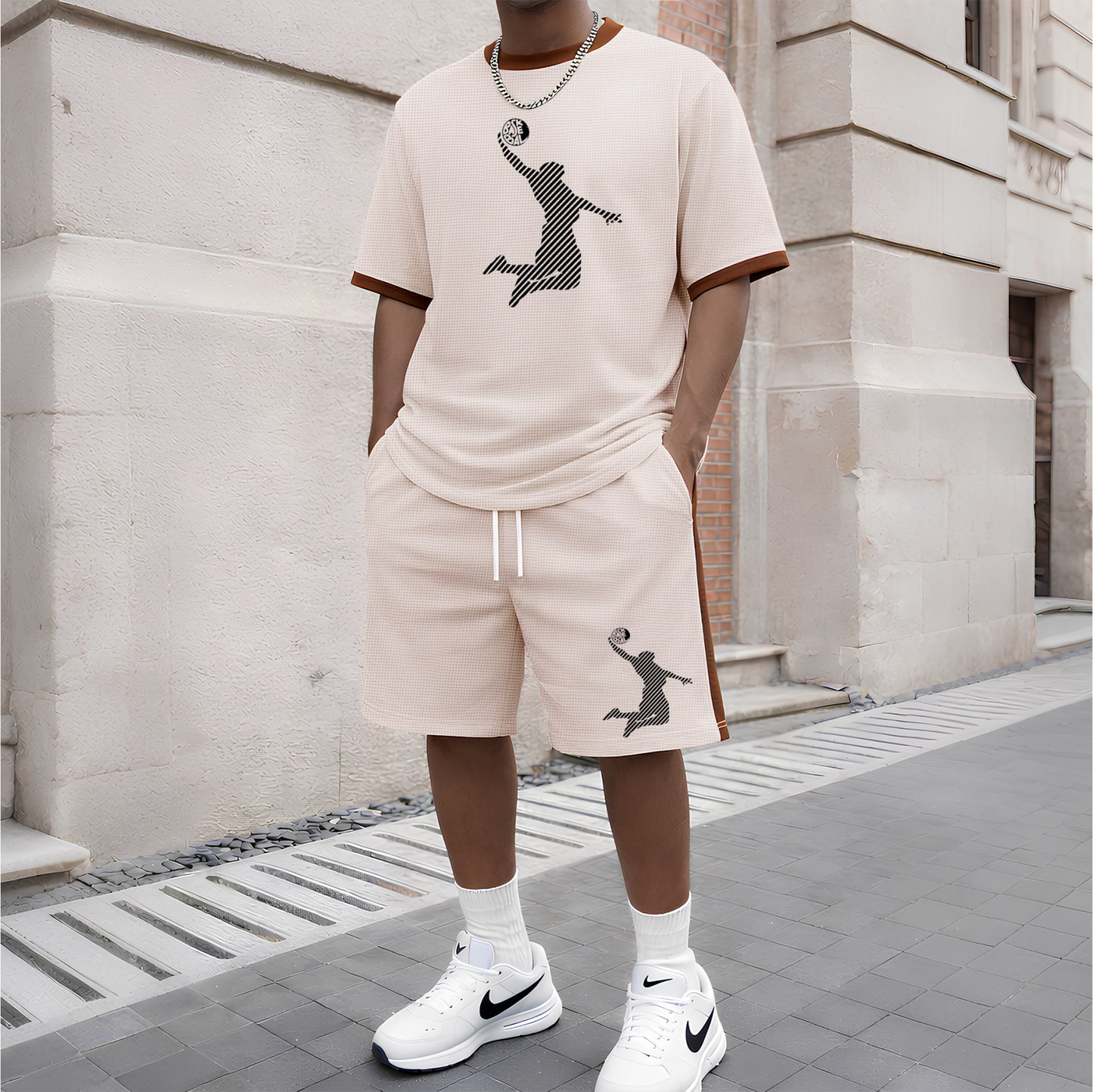 Men's Basketball Pattern Short-Sleeve T-Shirt and Drawstring Shorts Set, Men's Clothing, Casual Sporty Short-Sleeve Top and Shorts, Summer Men's Everyday Wear, Indoor and Outdoor Sportswear, Athletic Set