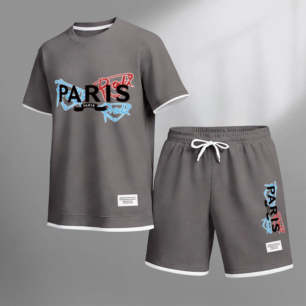 Men's PARIS Red & Blue Graffiti Letter Print Short Sleeve T-Shirt & Shorts Set, Summer Lightweight Waffle Sporty Casual Two-Piece Outfit, Streetwear for Gym & Daily Wear