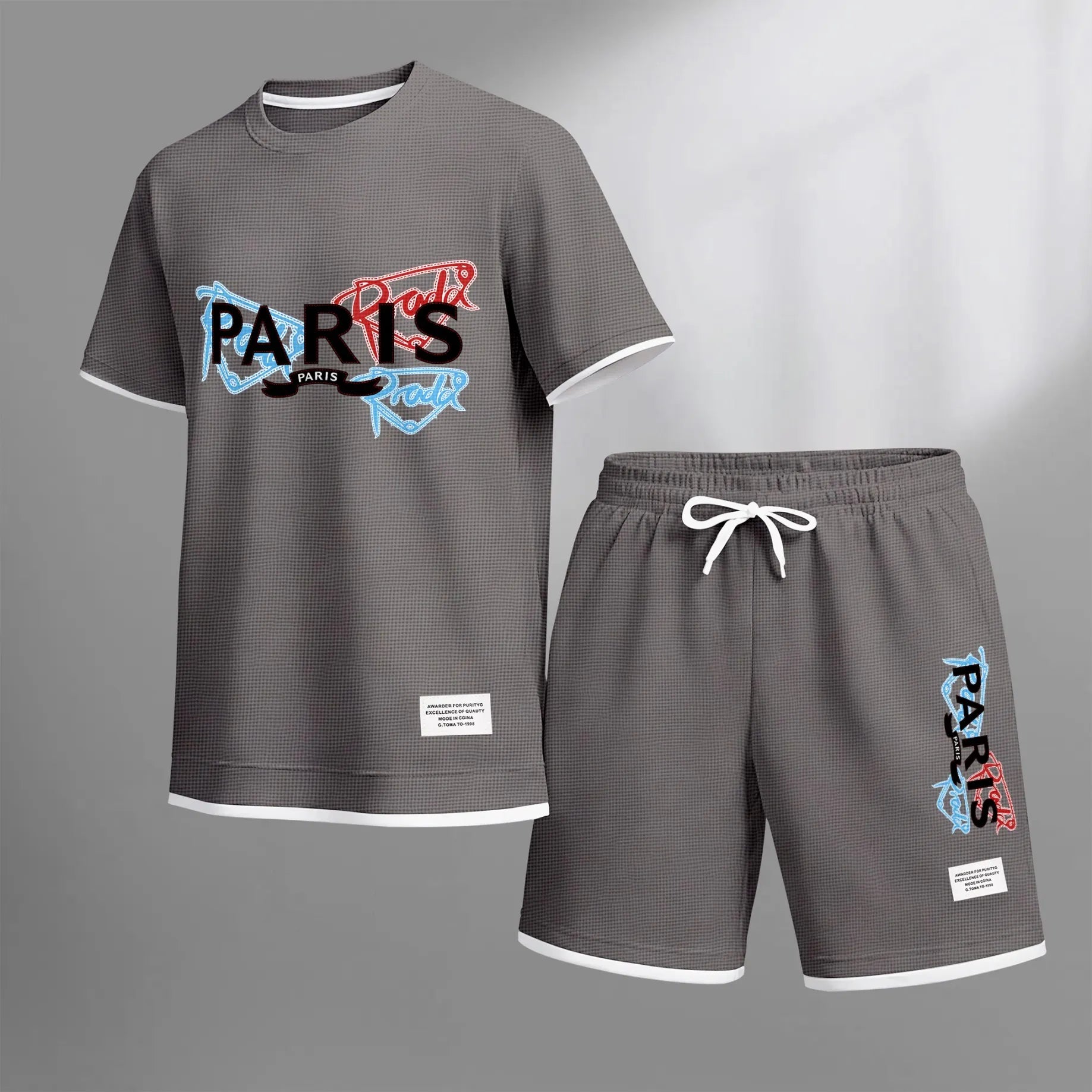 Men's PARIS Red & Blue Graffiti Letter Print Short Sleeve T-Shirt & Shorts Set, Summer Lightweight Waffle Sporty Casual Two-Piece Outfit, Streetwear for Gym & Daily Wear