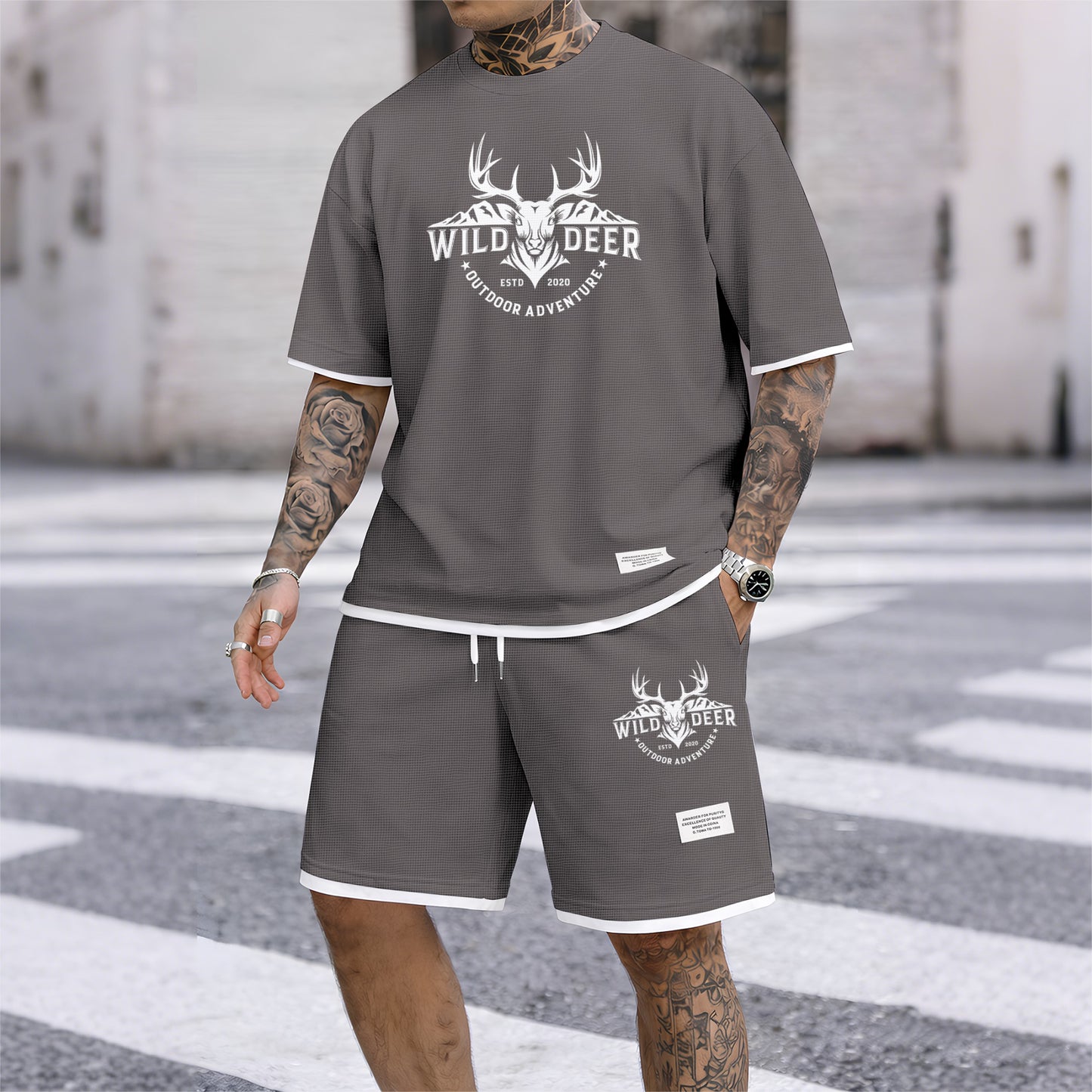 Men's Wild Deer Graphic Print Waffle Short Sleeve T-Shirt & Shorts Set, Summer Lightweight Outdoor Adventure Sporty Casual Two-Piece Outfit, Streetwear for Gym & Daily Wear