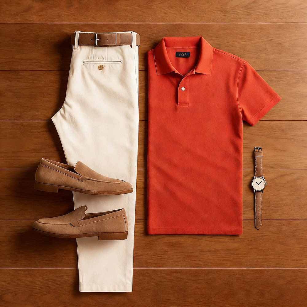 Men's Casual Orange Red & Khaki Color Matching Short Sleeved Polo Shirt & Trousers Two-Piece Set