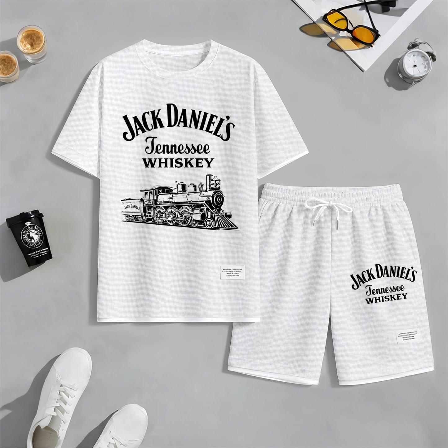 Men's Beer Print Drawstring Shorts Set, Suitable For Spring And Summer Wear, Casual Summer Set, Including Short-Sleeved Shirt And Shorts, Suitable For Everyday Wear And Sports.