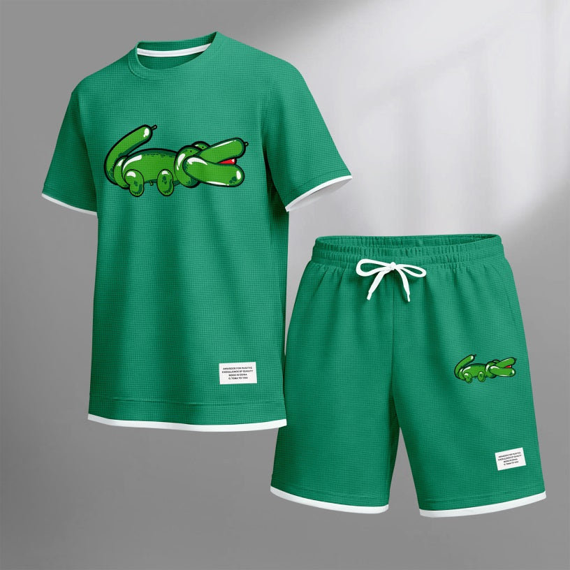 Men's Balloon Crocodile Print Waffle Fabric Short-Sleeved Shirt And Shorts Set