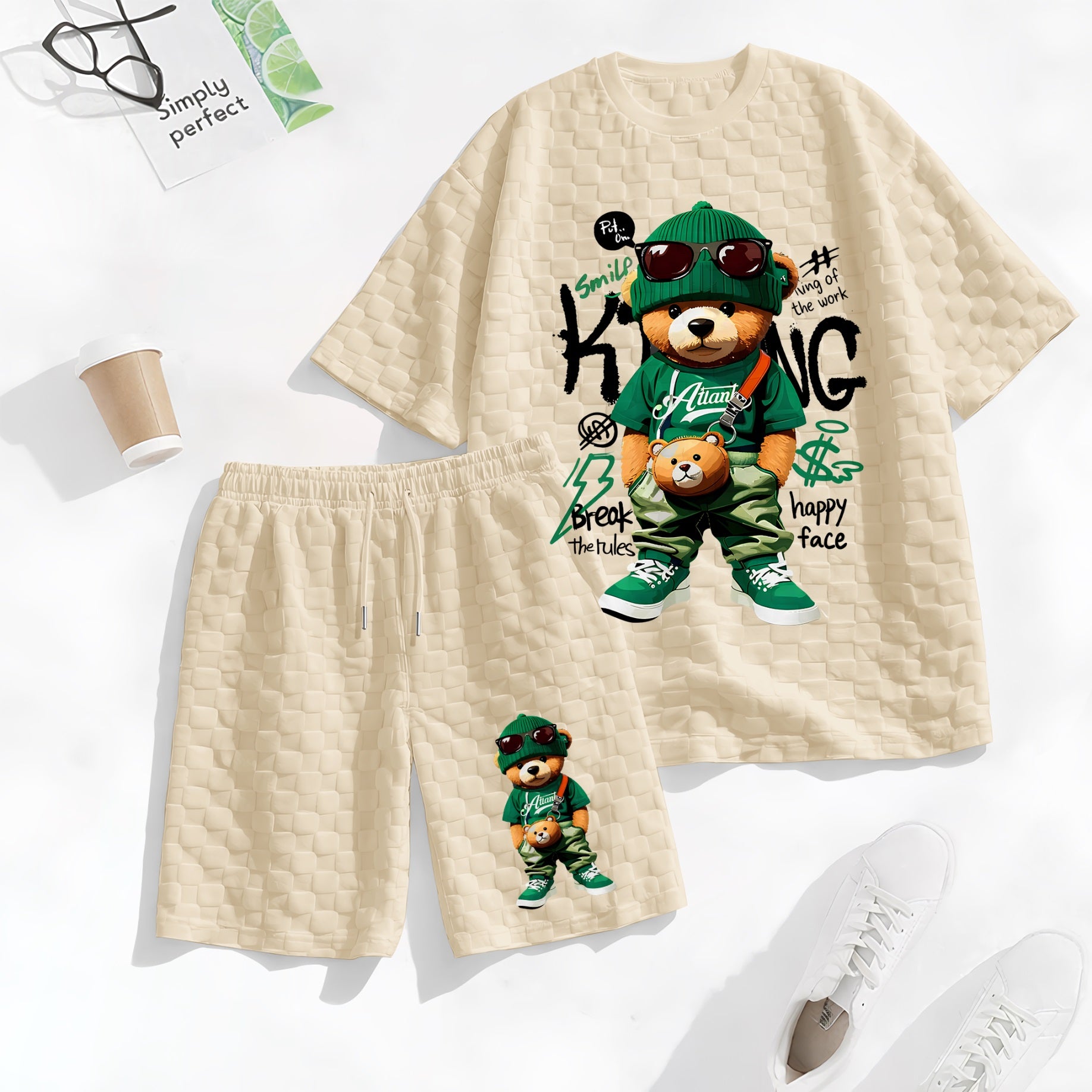 Men's Bear Graphic Print Spring And Summer Drawstring Shorts Set, A Casual Summer Outfit, Including A Short-Sleeved Shirt And Shorts, Suitable For Everyday Wear And Sports Activities.