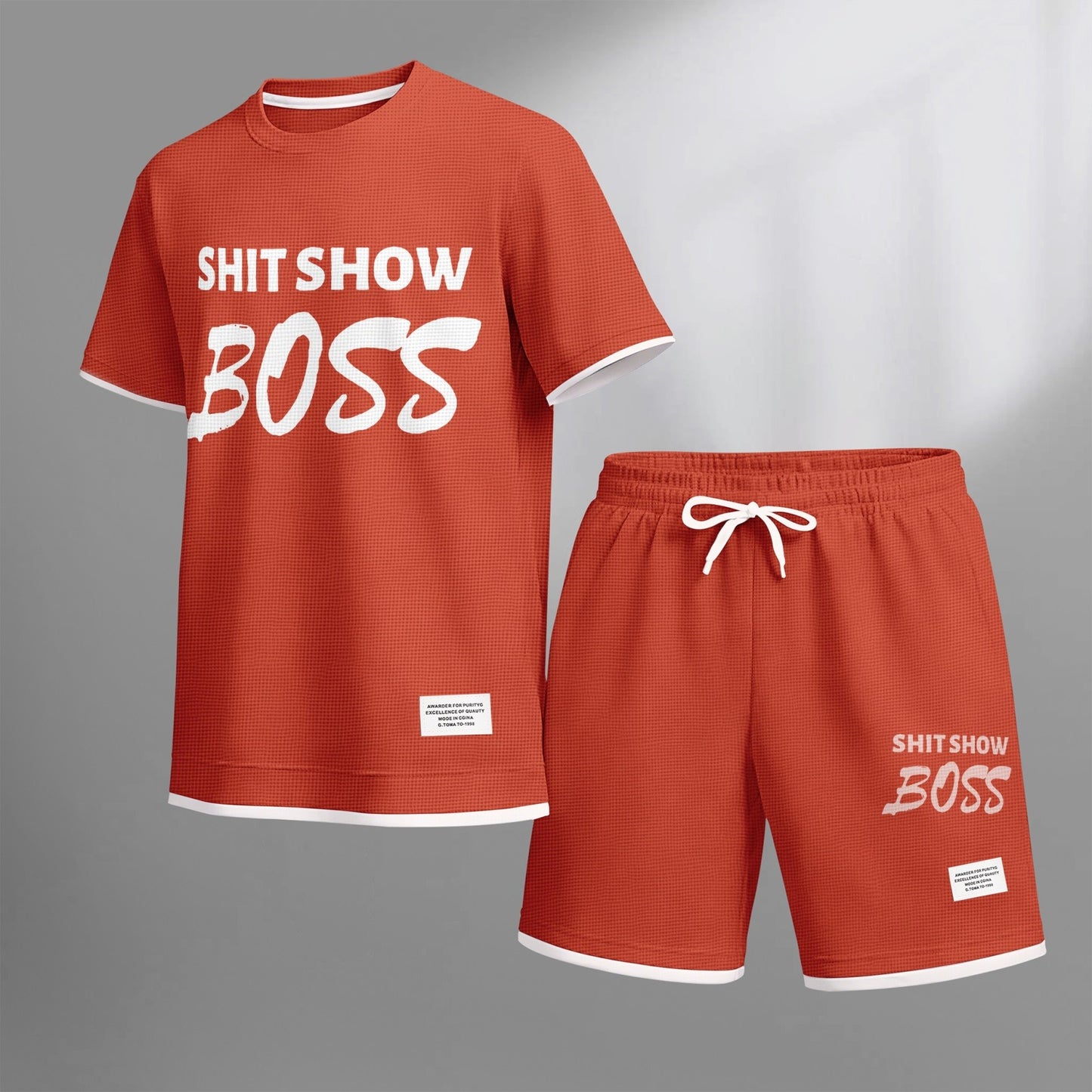 Men's Boss print drawstring shorts set for spring/summer, a casual summer outfit including a short-sleeved shirt and shorts, suitable for everyday wear and sports. A two-piece set for a relaxed and energetic lifestyle.
