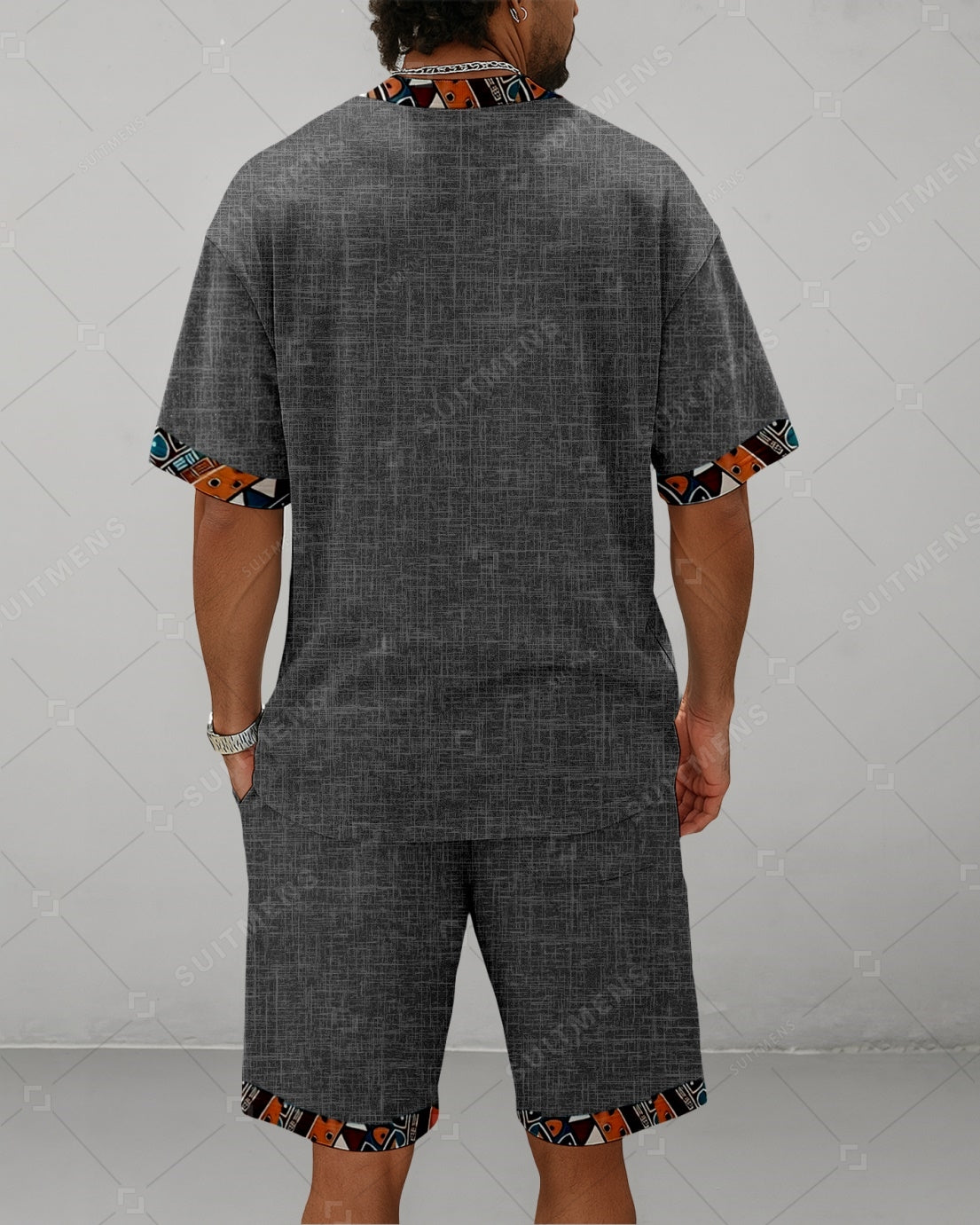 Men's Summer Colorblock Printed Round Neck Suit 086