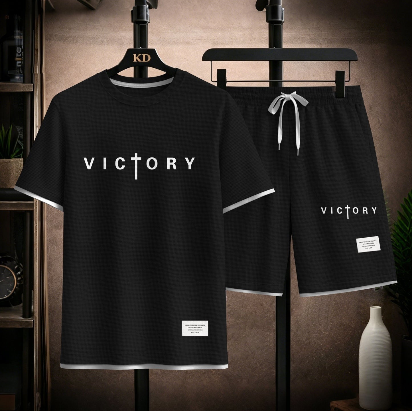 Men's “Victory” Graphic Print Short Sleeve Shirt and Drawstring Shorts Set, Casual Summer Two-Piece Outfit, Lightweight Breathable Relaxed Fit Athletic Set for Daily Wear, Beach, Vacation, Travel & Loungewear