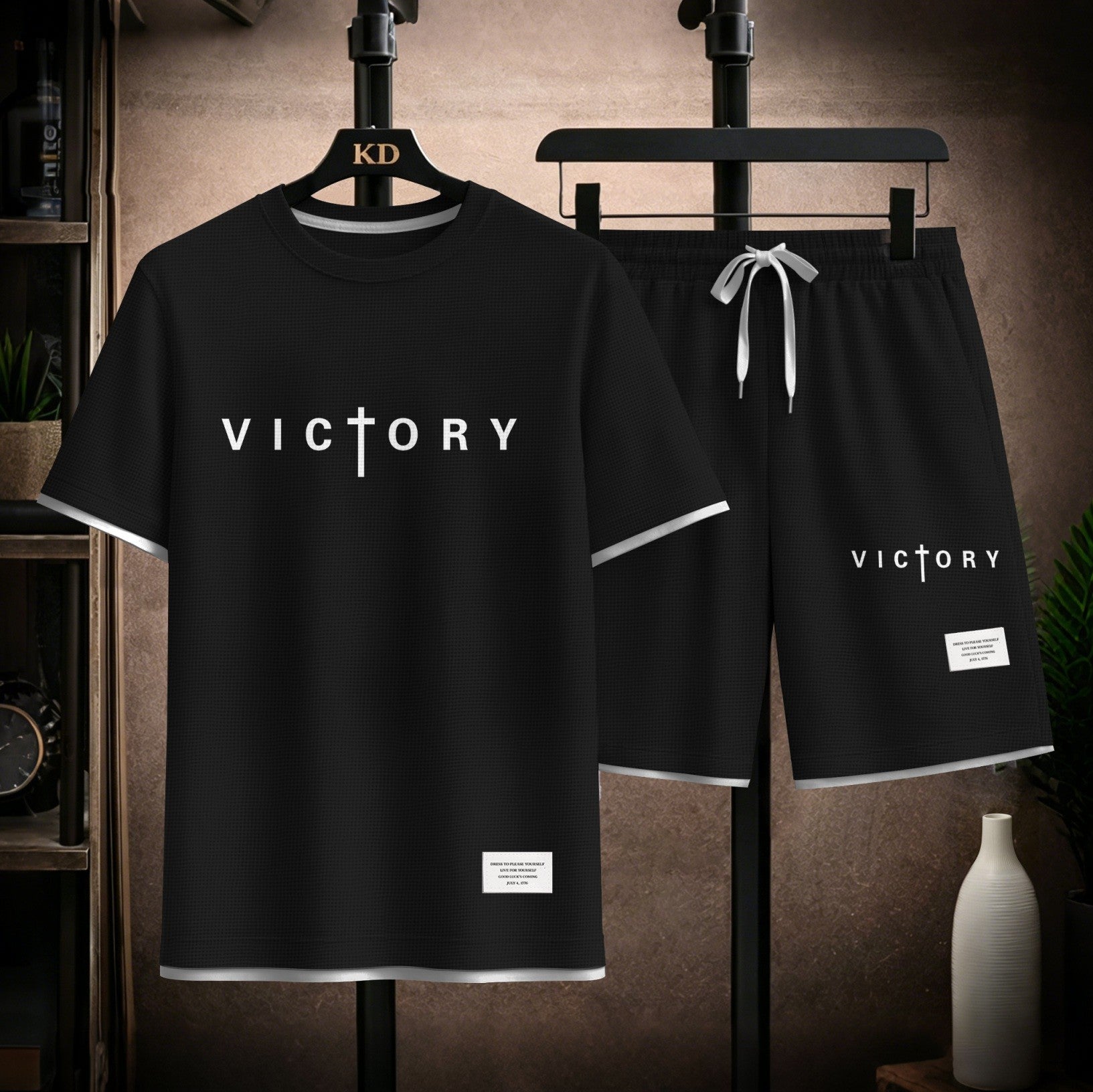 Men's “Victory” Graphic Print Short Sleeve Shirt and Drawstring Shorts Set, Casual Summer Two-Piece Outfit, Lightweight Breathable Relaxed Fit Athletic Set for Daily Wear, Beach, Vacation, Travel & Loungewear
