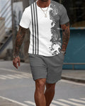 Men's Casual Waffle Textured Summer Round Neck Short Sleeve Shorts Set 001