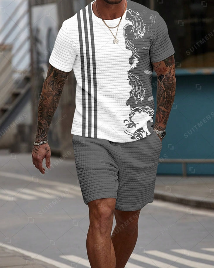 Men's Casual Waffle Textured Summer Round Neck Short Sleeve Shorts Set 001