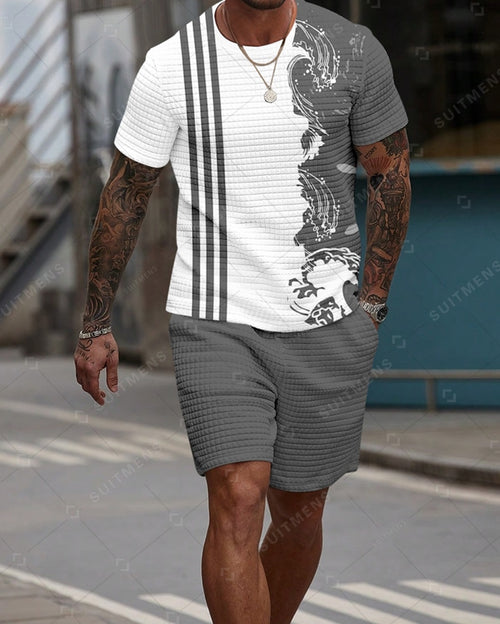 Men's Casual Waffle Textured Summer Round Neck Short Sleeve Shorts Set 001