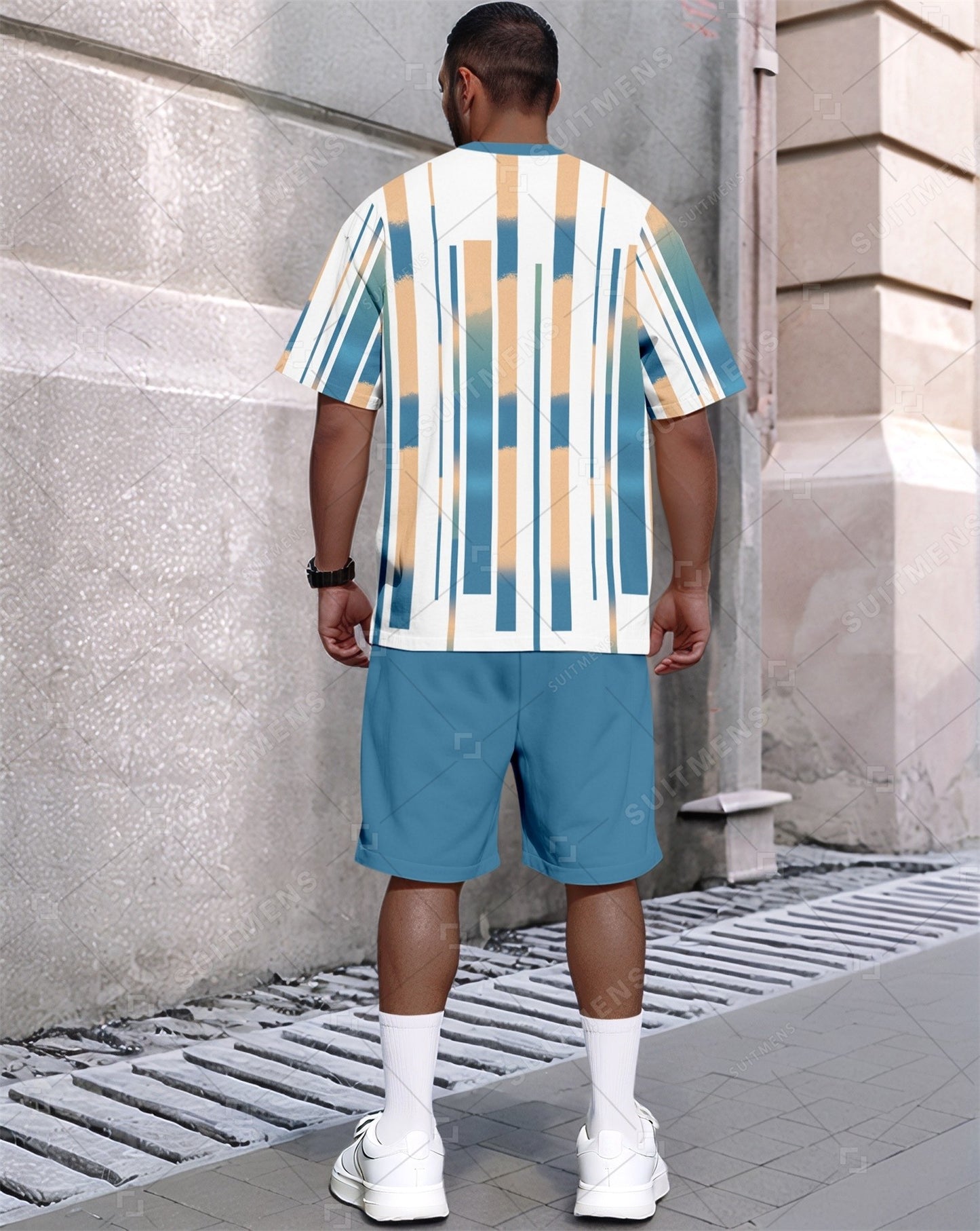 Men's Summer Colorblock Printed Round Neck Set 634