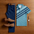Men's Casual Blue Stripes Printed Polo Shirt And Pants Two-Piece Set