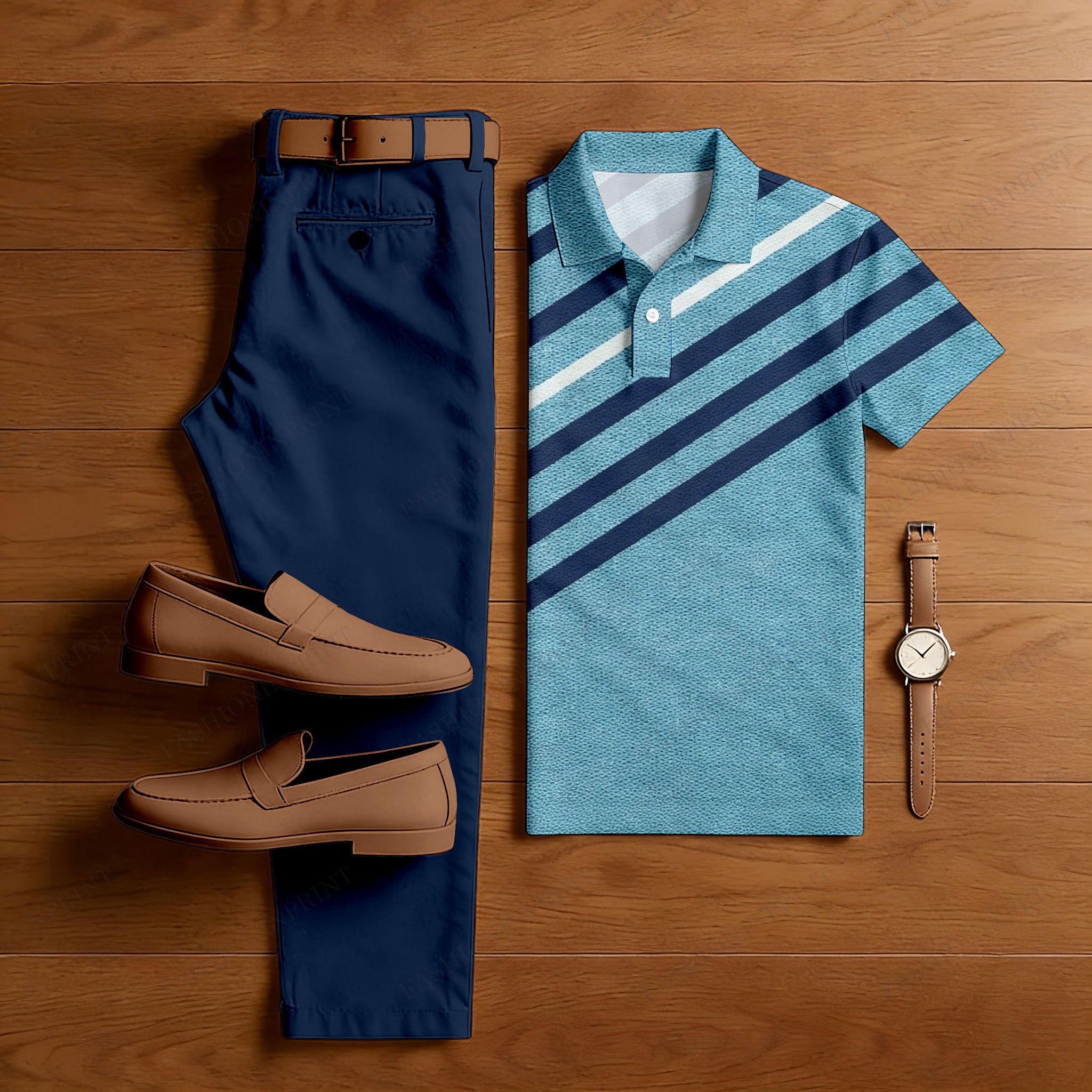 Men's Casual Blue Stripes Printed Polo Shirt And Pants Two-Piece Set