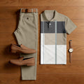 Men's Casual Khaki & Beige Color Matching Geometric Printed Short Sleeved Polo Shirt & Trousers Two-Piece Set