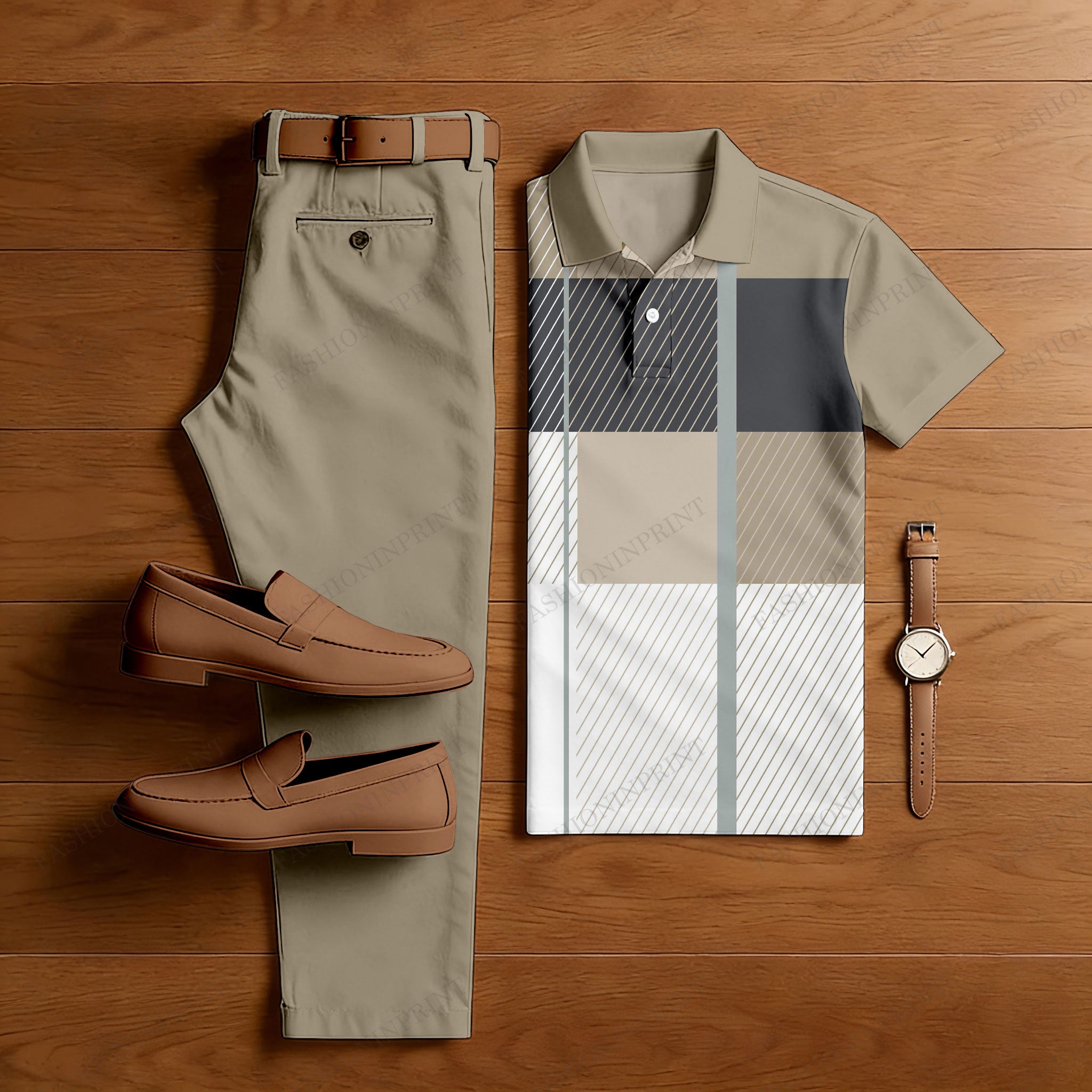 Men's Casual Khaki & Beige Color Matching Geometric Printed Short Sleeved Polo Shirt & Trousers Two-Piece Set