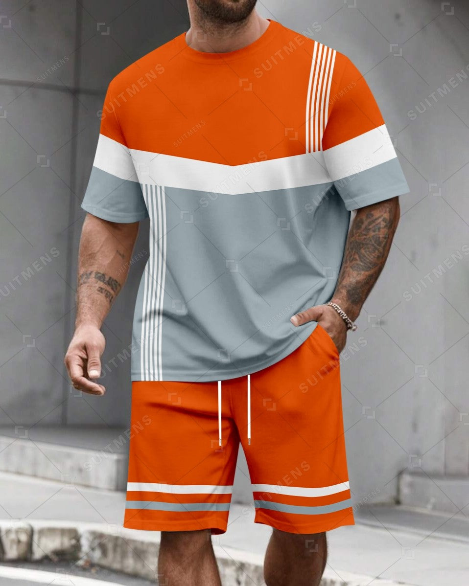 Men's Summer Colorblock Printed Round Neck Set 480