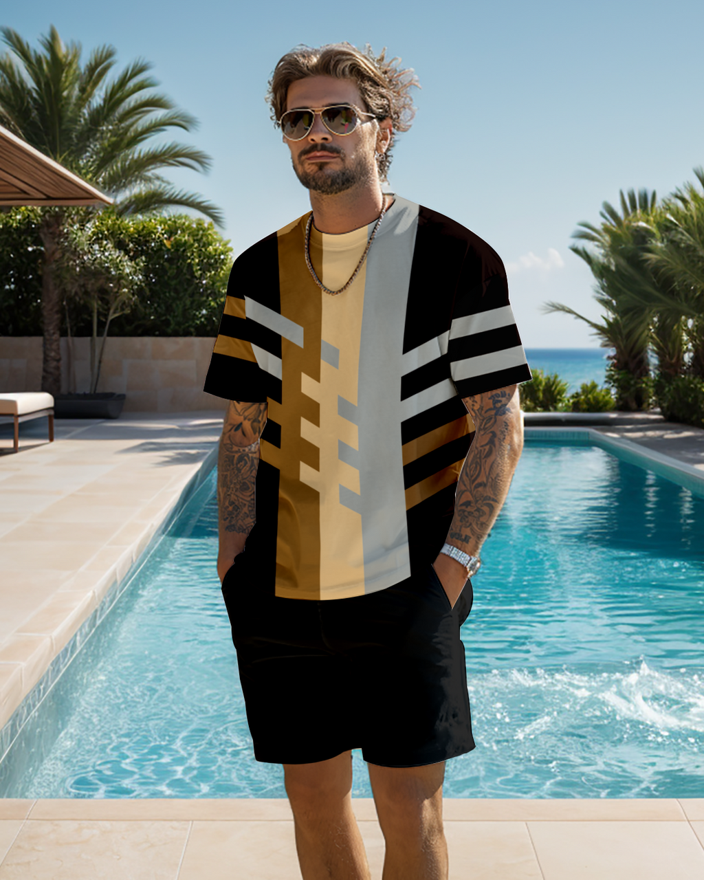 Men's color block printed shorts set 465