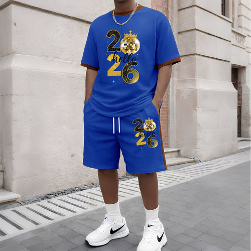 Men's 2026 Pattern Short-Sleeve T-Shirt and Drawstring Shorts Set, Men's Clothing, Casual Sporty Short-Sleeve Top and Shorts, Summer Men's Everyday Wear, Indoor and Outdoor Sportswear, Athletic Set