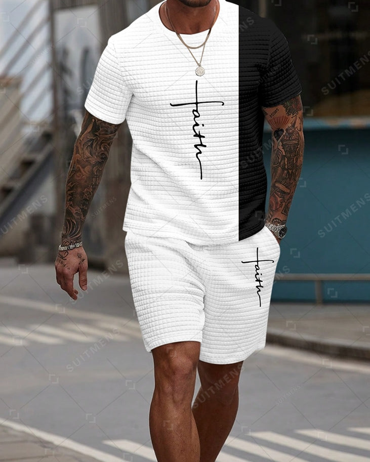 Men's Casual Waffle Textured Summer Round Neck Short Sleeve Shorts Set 0010