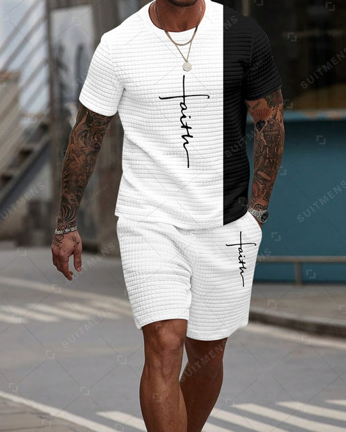 Men's Casual Waffle Textured Summer Round Neck Short Sleeve Shorts Set 0010
