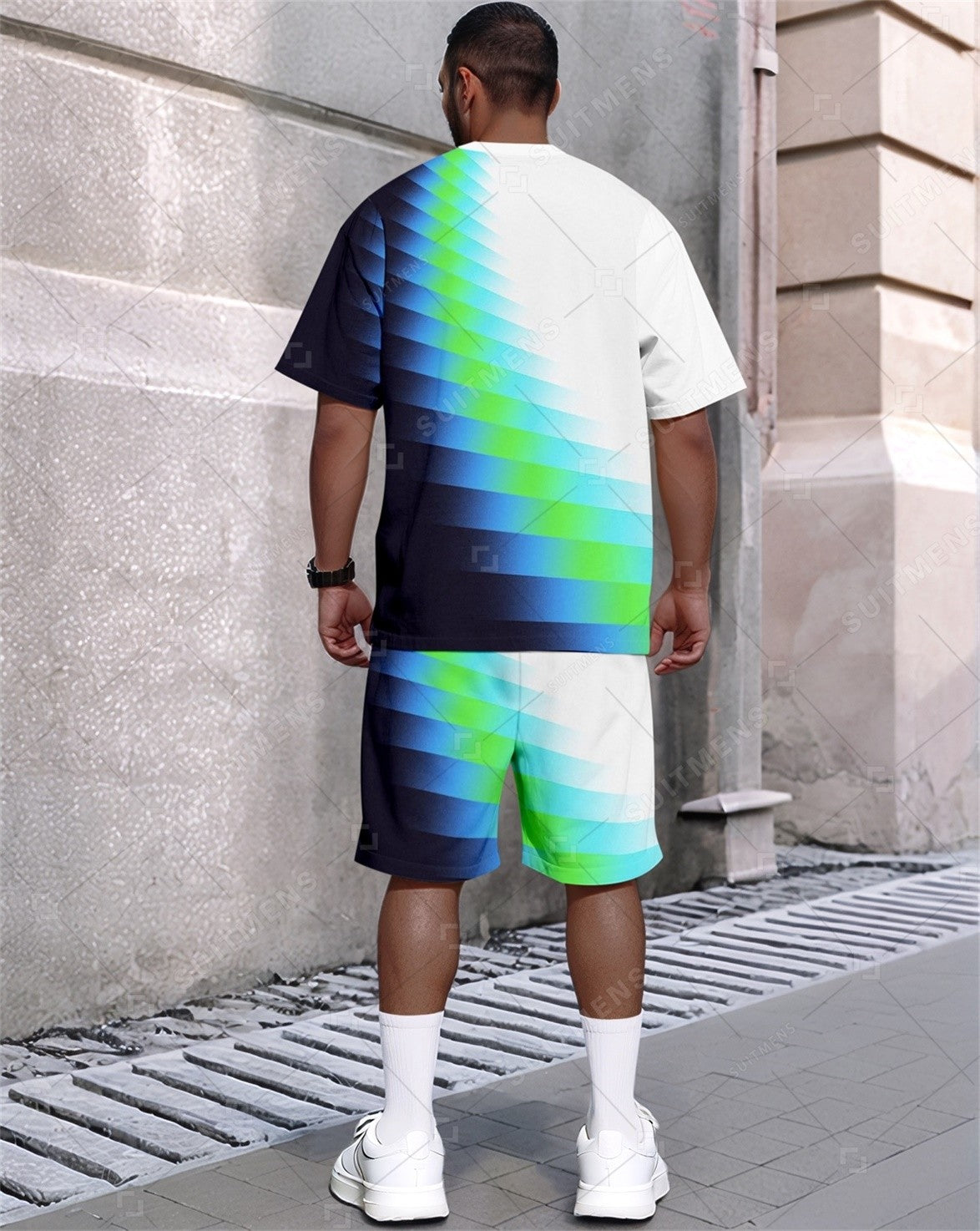 Men's Summer Gradient Print Round Neck Set 367