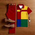 Men's Casual Red & Yellow & Green Color Matching Geometric Printed Short Sleeved Polo Shirt & Trousers Two-Piece Set