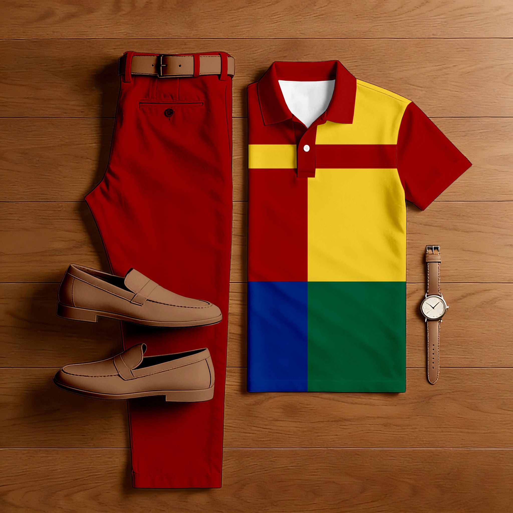 Men's Casual Red & Yellow & Green Color Matching Geometric Printed Short Sleeved Polo Shirt & Trousers Two-Piece Set