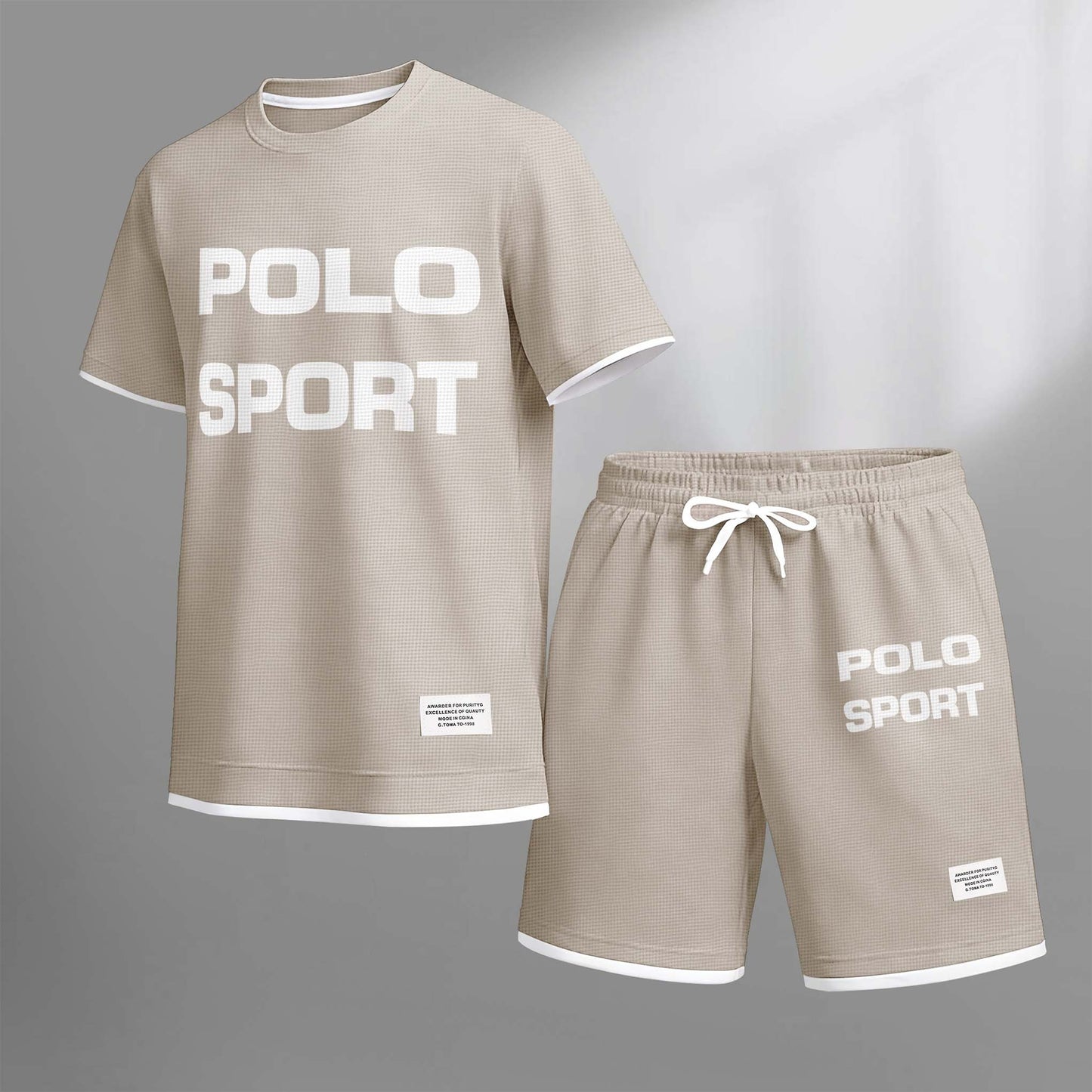 Men's Polo Sport Print Drawstring Shorts Set For Spring/Summer. A Casual Summer Outfit, Including A Short-Sleeved Shirt And Shorts, Suitable For Everyday Wear And Sports. A Two-Piece Set For A Relaxed And Energetic Lifestyle.