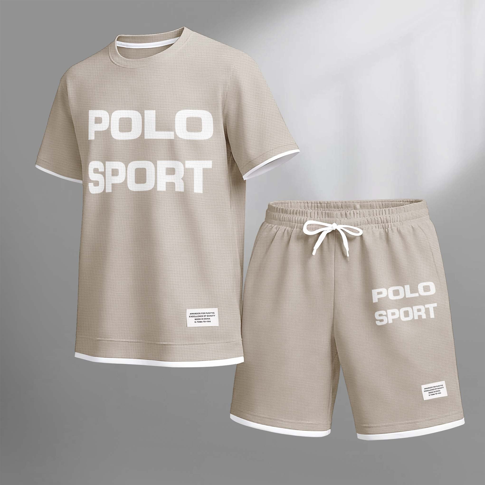 Men's Polo Sport Print Drawstring Shorts Set For Spring/Summer. A Casual Summer Outfit, Including A Short-Sleeved Shirt And Shorts, Suitable For Everyday Wear And Sports. A Two-Piece Set For A Relaxed And Energetic Lifestyle.