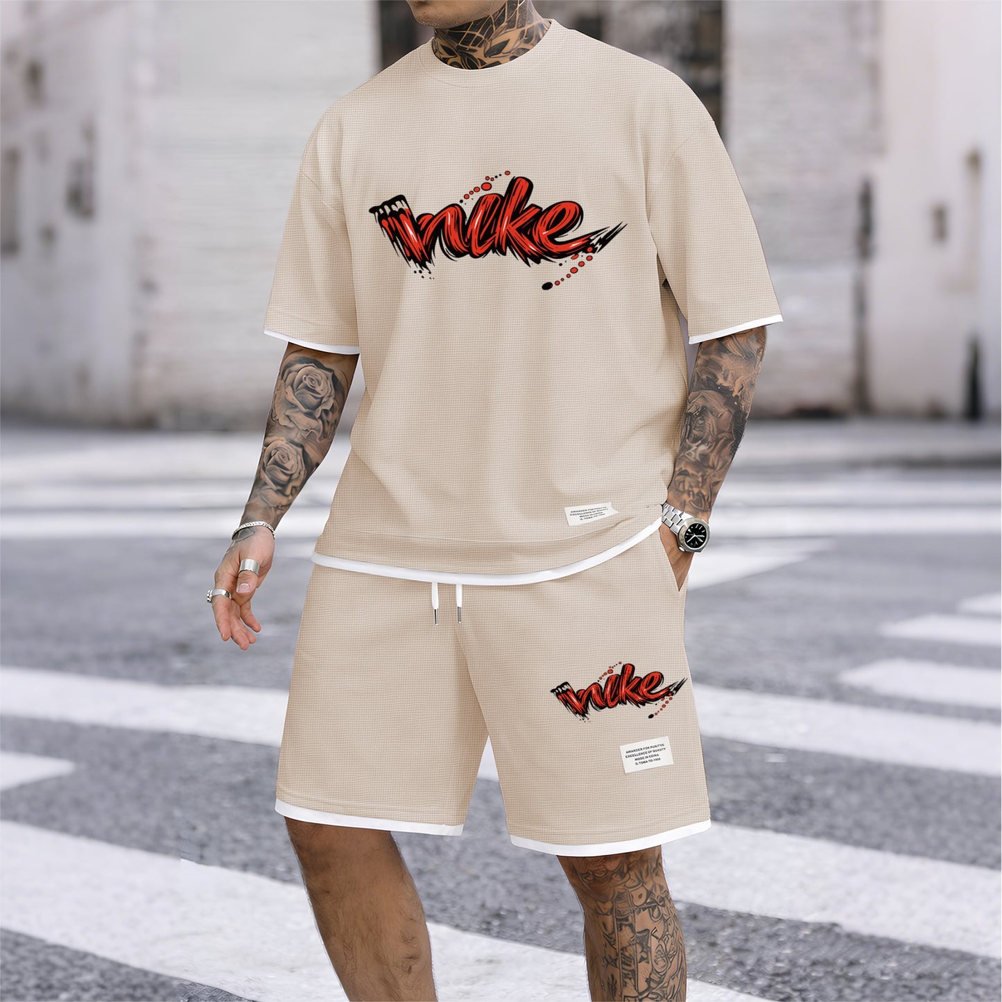 Men's Red Graffiti-Style Art Letter Print Fake Two-Piece Short Sleeve T-Shirt & Shorts Set, Summer Waffle Breathable Sporty Casual Two-Piece Outfit, Streetwear Gym Training Activewear