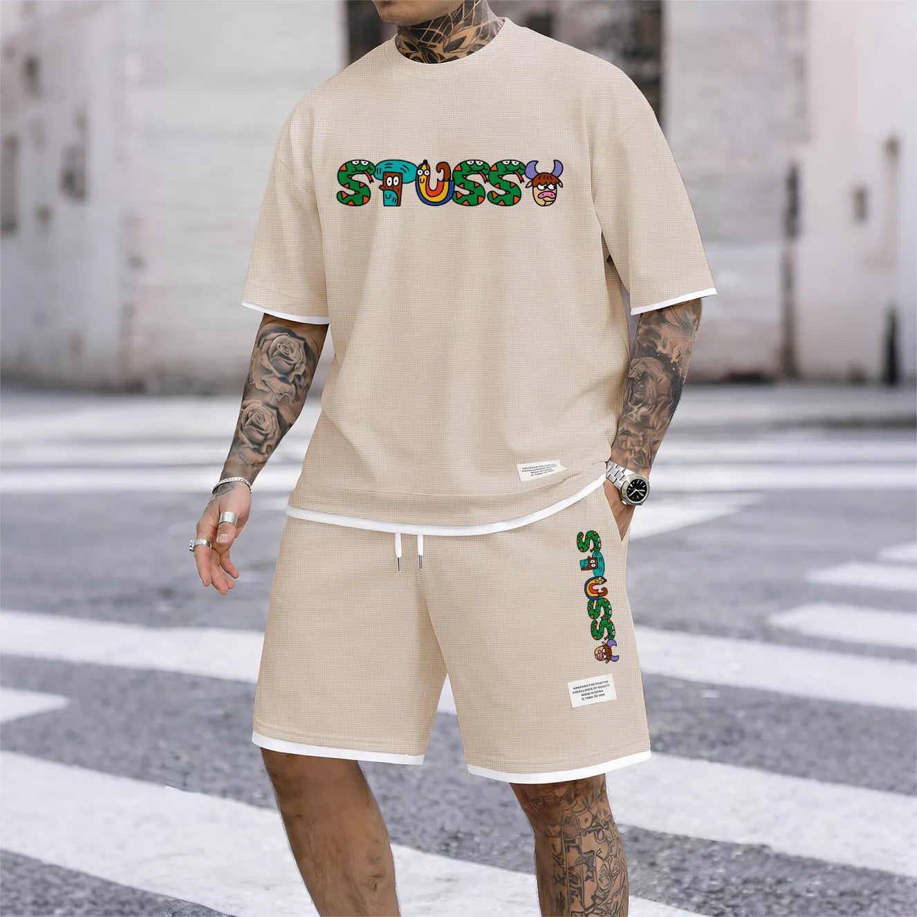 Men's Y2K Cartoon Print Waffle Fabric Short-Sleeved Shirt And Shorts Set